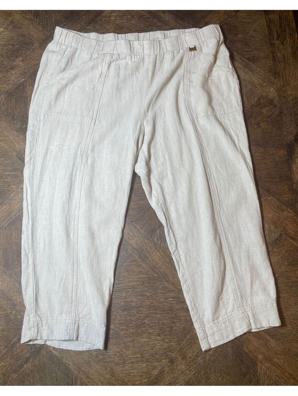 Ellen Tracy Linen Pull on Khaki Crop Pant Elastic Waist-XL, 027J